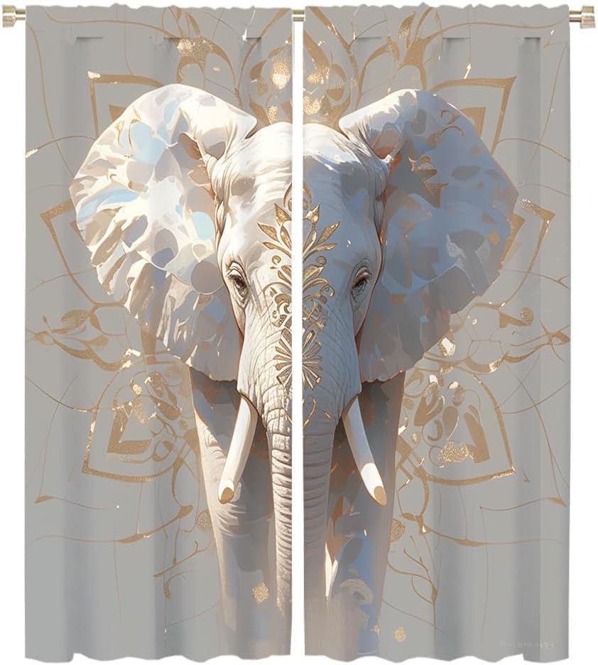 Rideau occultant imprimé éléphant floral 3D isolant thermique à oeillets en polyester pour salon