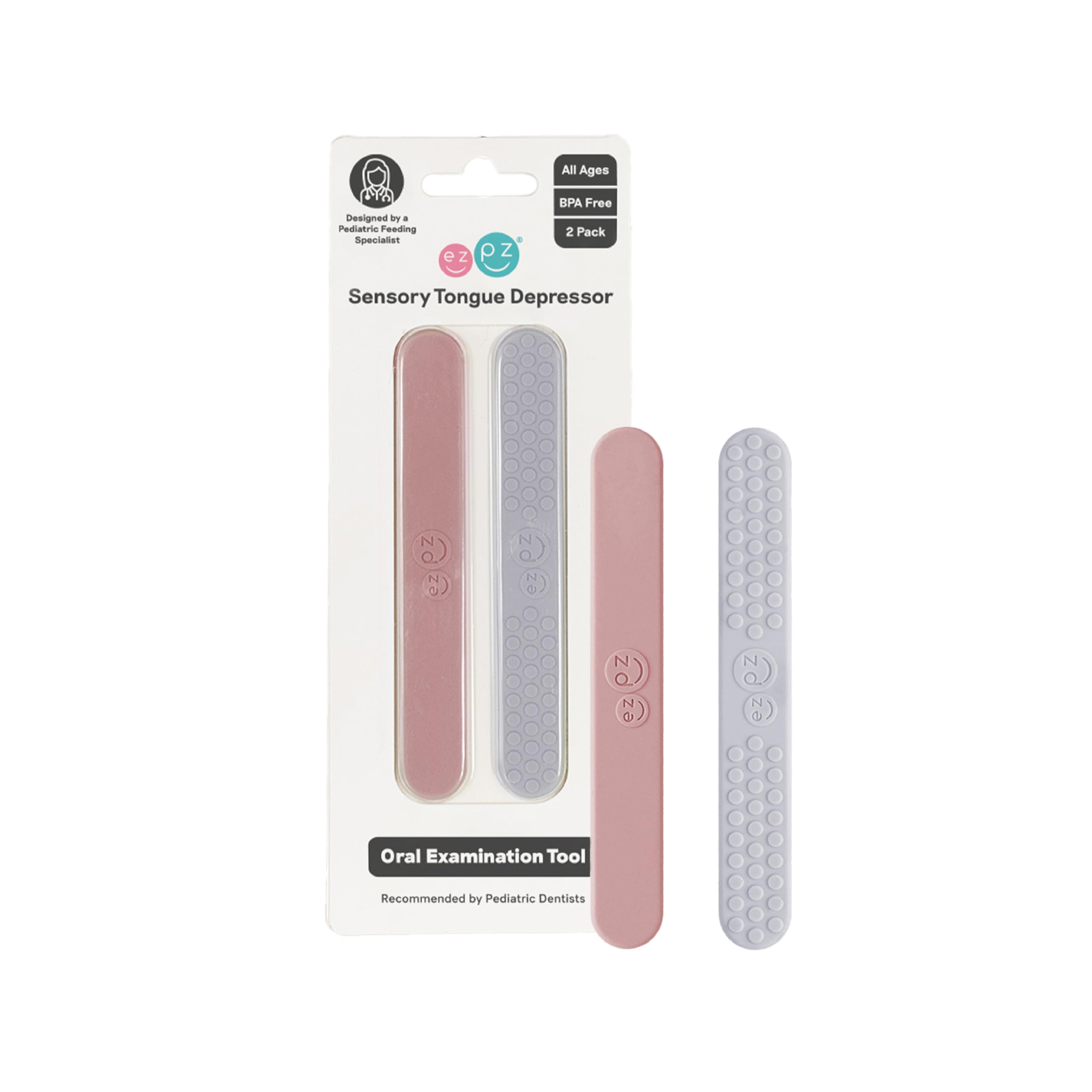 ezpz Sensory Tongue Depressors - All Ages (2 Pack in Blush/Pewter) - Silicone/Stainless Steel Tongue Depressor for Visibility Into The Mouth + Healthy Oral Care Routine