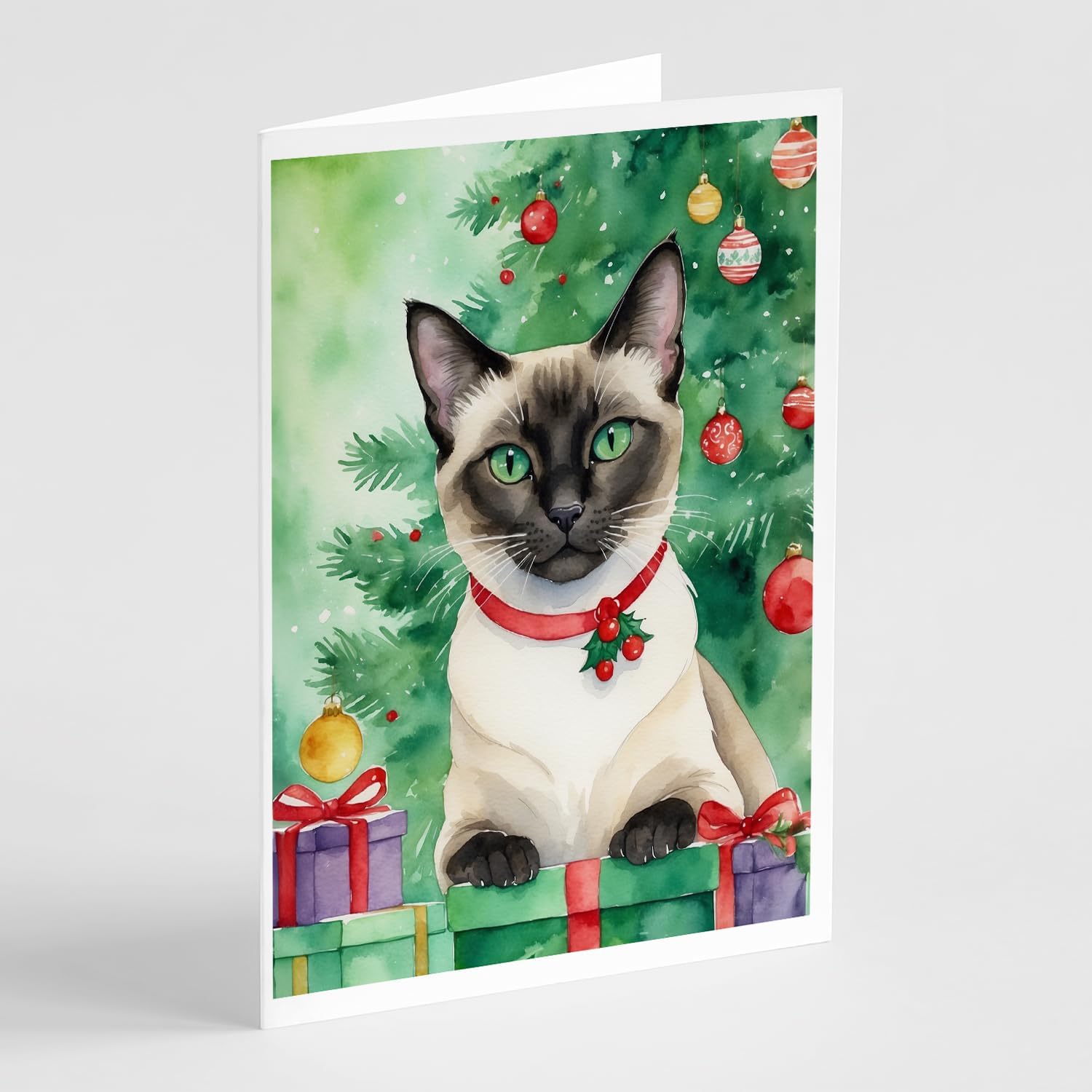 Caroline's Treasures Siamese Cat By the Christmas Tree Greeting Cards Pack of 8 Blank Cards with Envelopes Whimsical A7 Size 5x7 Blank Note Cards
