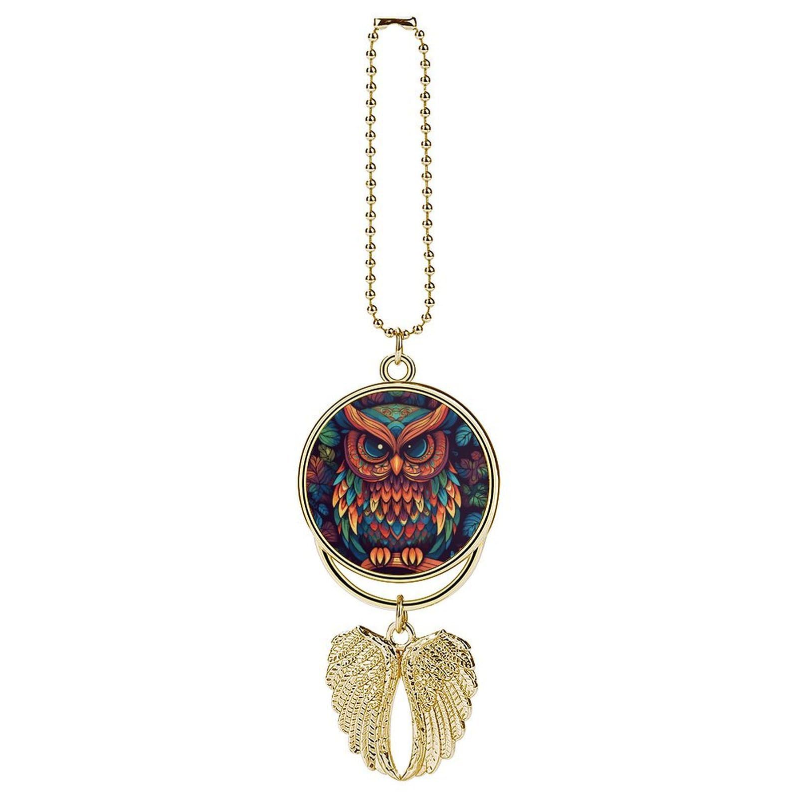 Color Owl Pattern Car Charm, Alloy Rear View Mirror Pendant, Bling Funny Car Hanging Ornament Gift for Women Men, Car Pendant Lucky Auto Interior Decoration Accessories Golden-Style