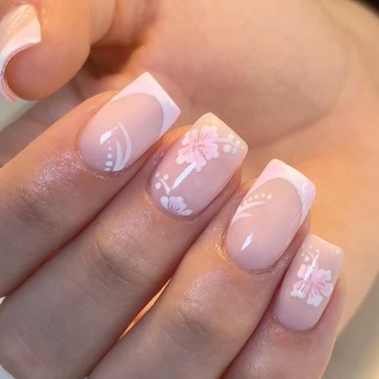 Flower Press on Nails Short Square Fake Nails Nude False Nails with White Border Designs Pink Beautiful Flower Glossy Full Cover Winter Glue on Nails