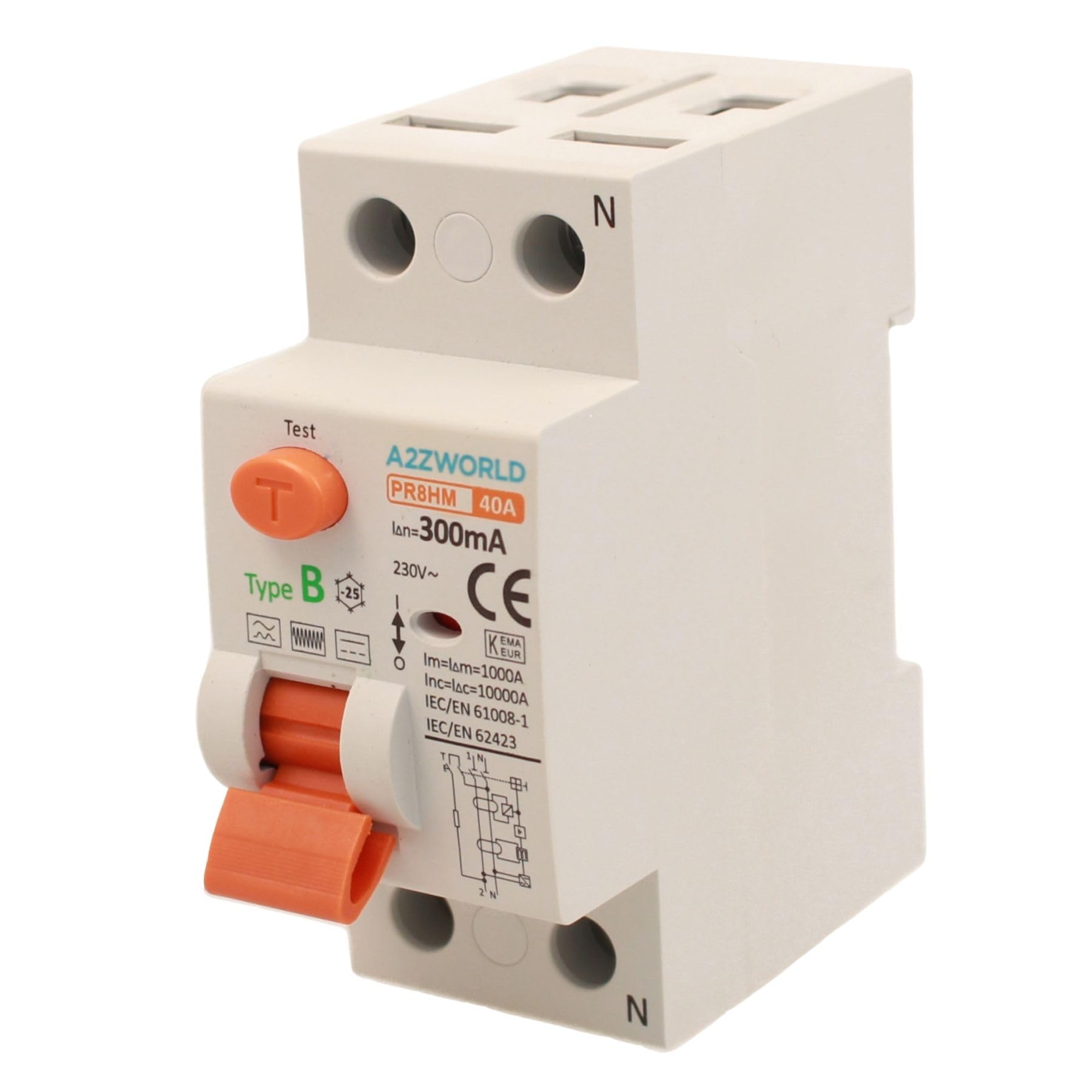 Interrupteur différentiel pur type B 300 mA, disjoncteur différentiel type B 40 A, RCCB 1P+N 10 kA 220 V, 2 modules DIN, série PR8HM électromagnétique, certifié IEC61008-1