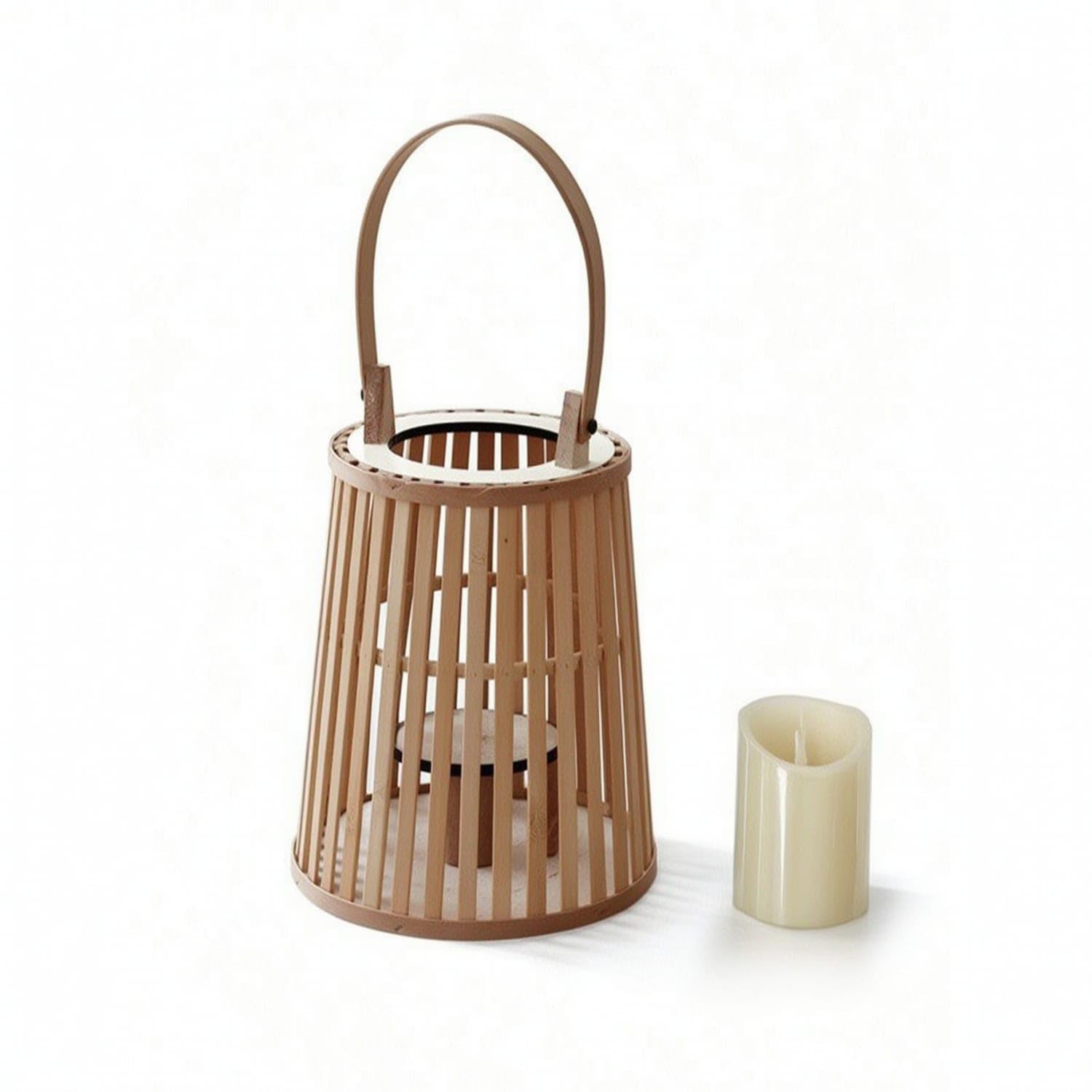 Slatted Lantern with Electronic Candle Tapered Bamboo Lantern