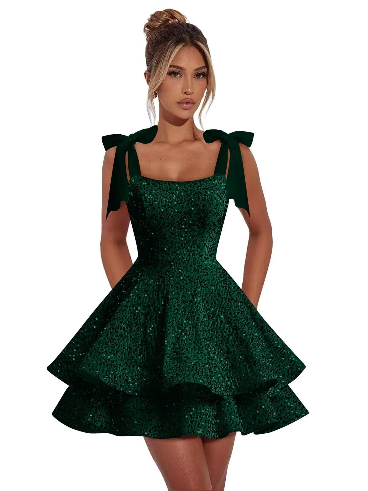 UZN Tiered Sequin Short HOCO Dresses 2025 with Bow Homecoming Dress for Teens Sparkly Cocktail Party Gown
