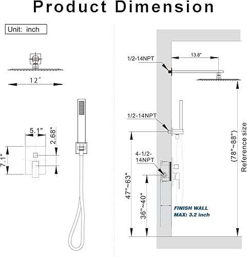 Miniatura 11 de Sistema de ducha de níquel cepillado, juego de grifo de ducha con cabezal de ducha de lluvia de 10 pulgadas y mano, juego combinado de cabezal