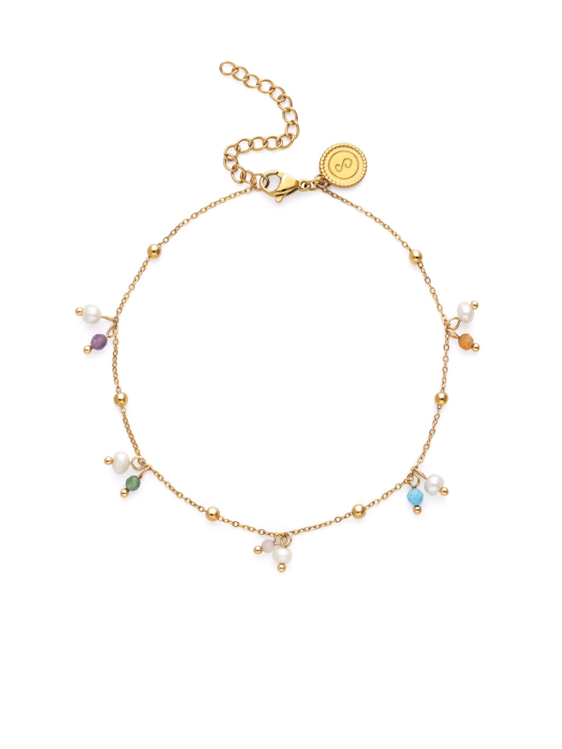 SINGULARU - Tobillera Shamira Dots. Acero con Baño en Oro de 18 Kt y Piedra Natural. Joyas Para Mujer.