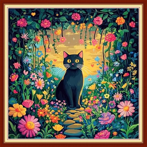 Image of Redxing Stamped Cross Stitch Kits Embroidery kit for Beginners Adults Full Range of Embroidery Patterns Starter Kits DIY Printed Cross Stitch Kits Needlepoint Kits 11CT-Garden Cat 18x18 inchs