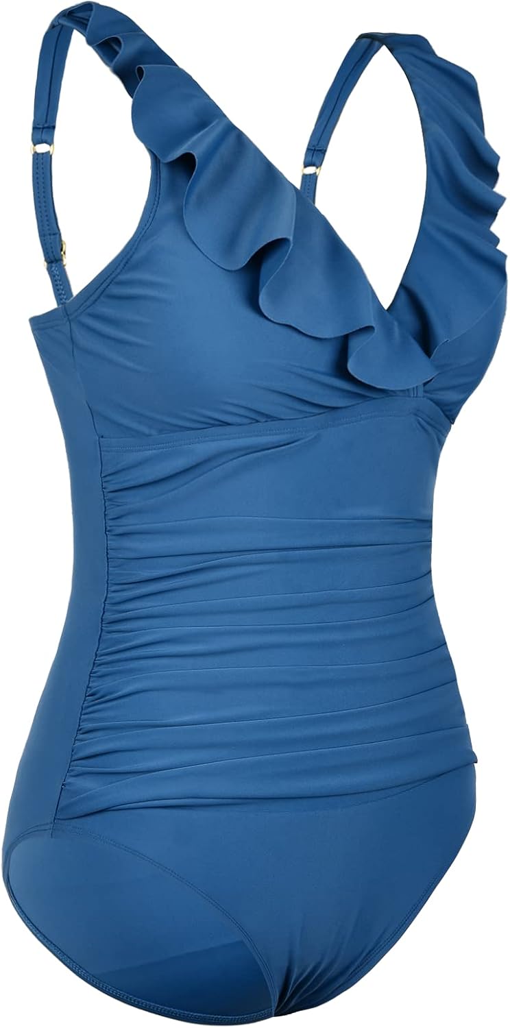 Mycoco Women's Ruffled V Neck One Piece Swimsuit Ruched Bathing Suit Tummy Control Swimwear