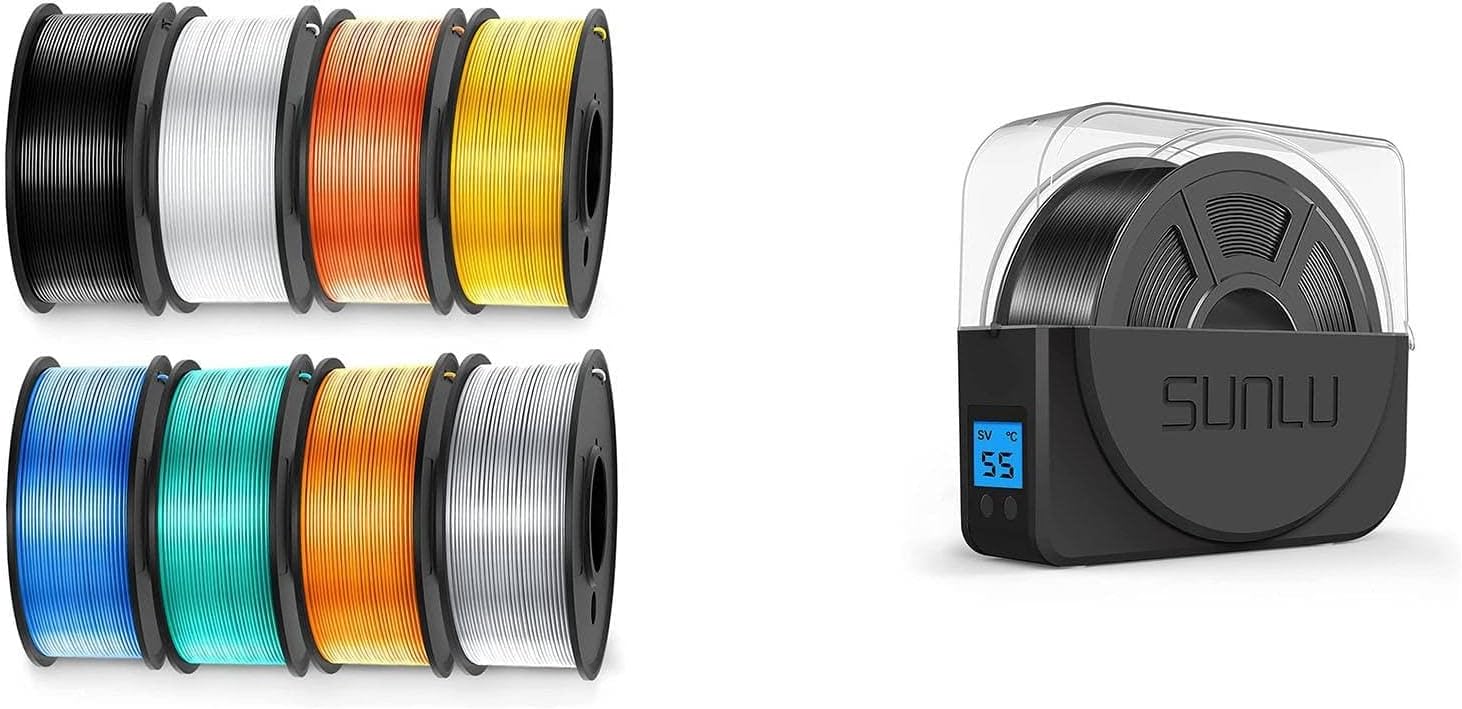 SUNLU 250g PLA Silk Filament 1.75mm Bundle and S1 Filament Dryer Box Black,Dimensional Accuracy +/- 0.02 mm, 0.25 kg Spool, 8 Rolls, Black+White+Light Gold+Silver+Brass+Red