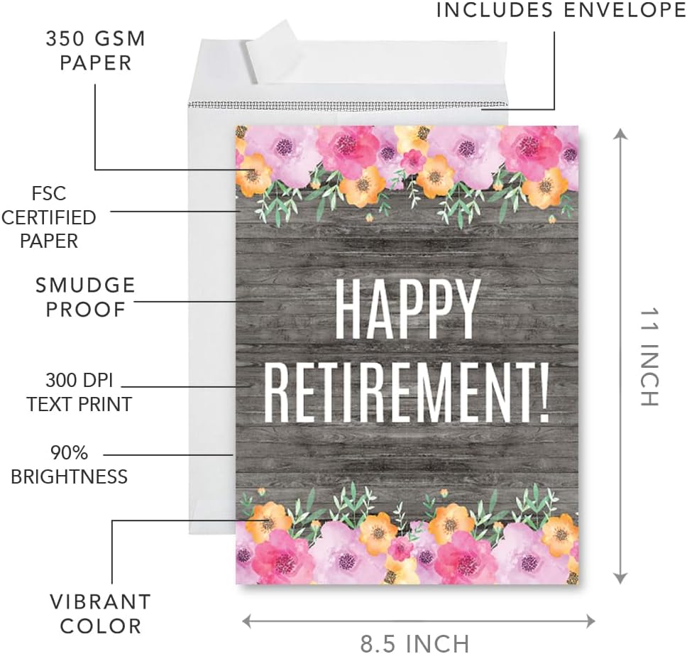 Andaz Press Funny Jumbo Retirement Card With Envelope 8.5 x 11 inch, Farewell Office, Rustic Florals Happy Retirement 1-Pack, Includes Envelope