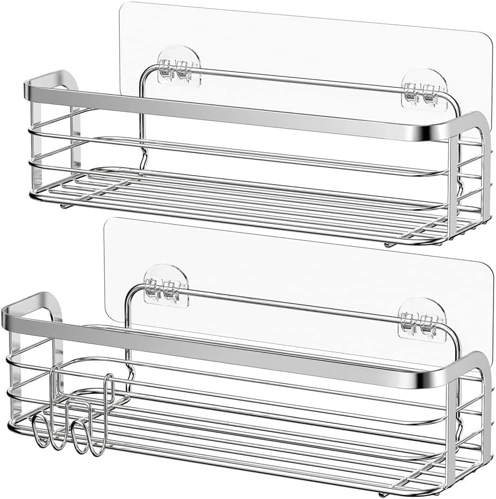Avoalre Set of 2 Adhesive Shower Shelf without Drilling - Stainless Steel Storage Basket with Hook for Toilet Kitchen No Drilling