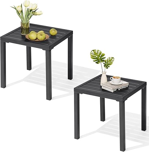 Miniatura 12 de Crestlive Products Mesa auxiliar para exteriores, pequeña mesa auxiliar cuadrada de metal negro con fácil montaje, diseño resistente a la intemperie