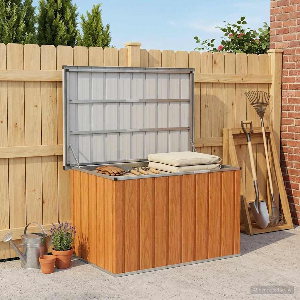 Außenlagerbox Holz aus verzinktem Stahl 109 x 67 x 65 cm, wetterfeste Gartenbox mit viel Stauraum für Kissen, Auflagen, Werkzeuge, Balkonbox und Terrassenbox zur praktischen Aufbewahrung
