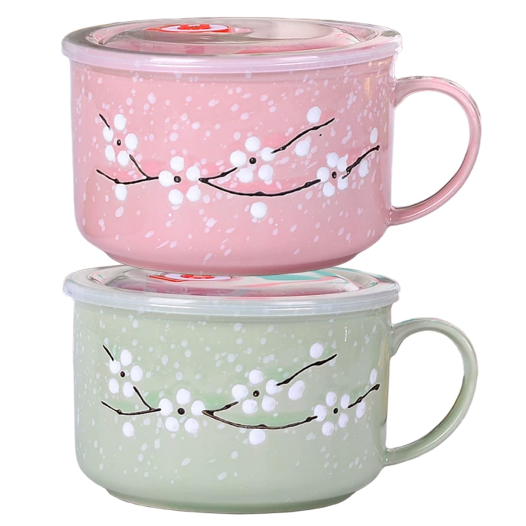 CAKEEYUM 2Pcs Soup Bowls with Handles 800ml/28oz Sealing Heat-Resistant Microwave Soup Mug with Lid Floral Wintersweet Ceramic Travel Mug for Ramen Noodle Porridge