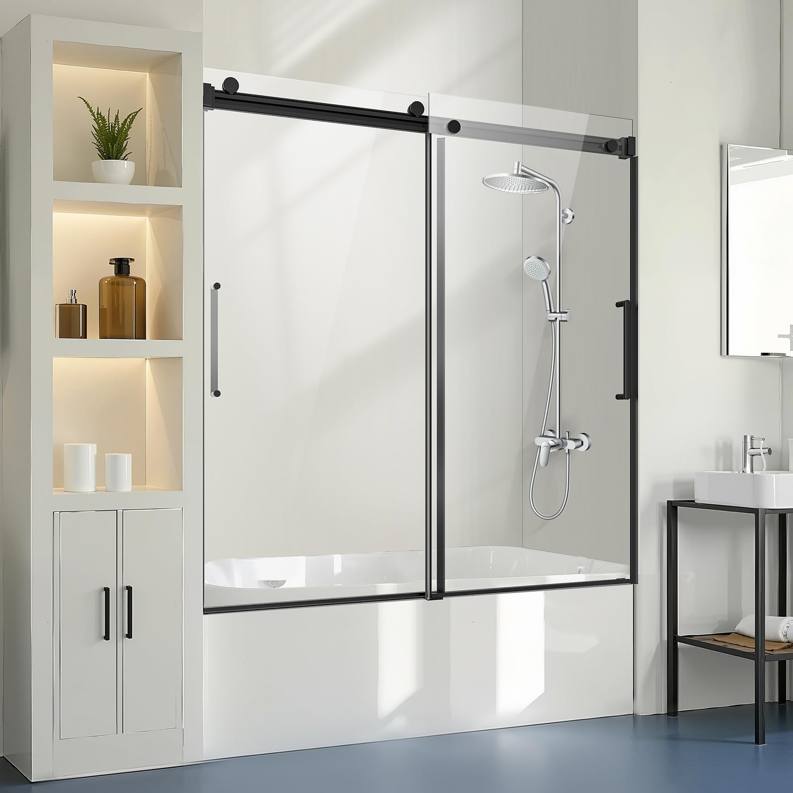 VEVOR Porte de Baignoire-douche sans Cadre 1422-1524x1524 mm, Pare-baignoire Coulissante Double, avec Verre Trempé Transparent de 8 mm et Poignée en Acier Inoxydable, pour Salle de bain, Noir