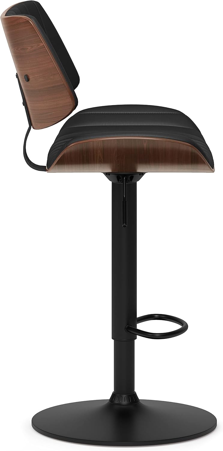 SIMPLIHOME Novak Adjustable Swivel Bar Stool - 33 inch Seat Height Upholstered Metal Chair in Black Vegan Faux Leather, Mid Century Seating for Kitchen or Bar with Curved Bentwood Back