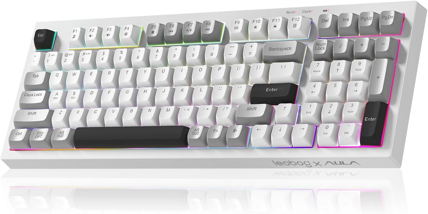 LEOBOG x Aula Wireless Keyboard 98 Keys Membrane Computer Keyboards | Silent Keyboard, 2000mAh Creamy Keyboard with Number Pad, Tri-Mode BT/2.4GHz/USB-C Connection for PC MAC Office Dorm Rooms