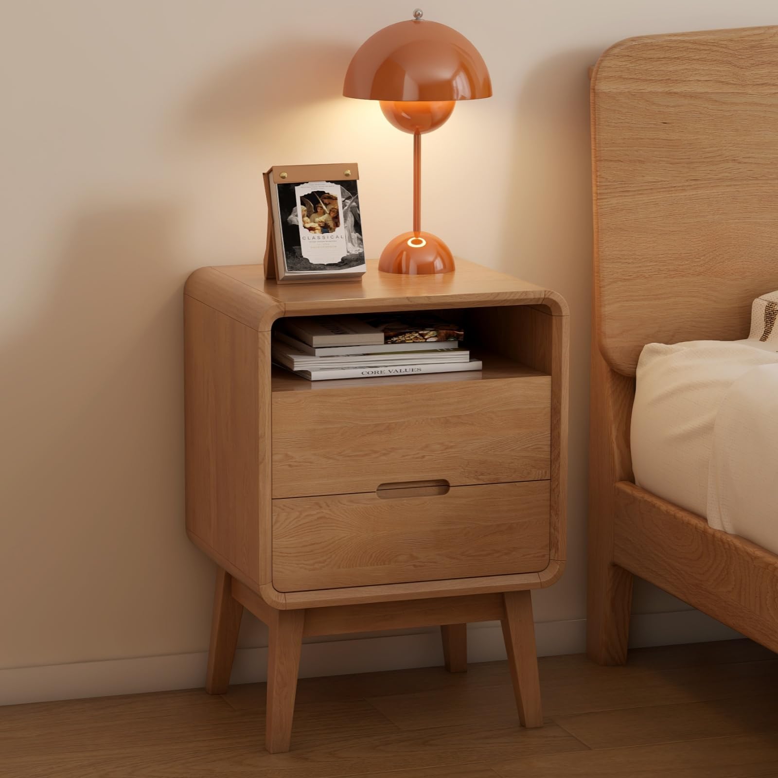 Condition photo showing New/Like New for solid wood nightstand set of 2, mid century modern nightstand with drawers, natural wood nightstand with storage, wooden night stand, small nightstands, bedside table for bedroom(23.23" h)