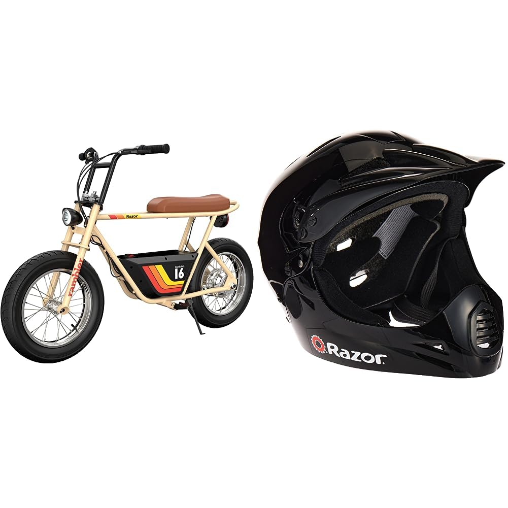 View 1 of Razor Rambler 16 – 36V Electric Minibike with Retro Style, Up to 15.5 MPH, Up to 11.5 Miles Range, Wide, Rugged 16" Air-Filled Tires, Powerful 350 Watt Hub-Driven Motor Tan Minibike + Youth Helmet, Black