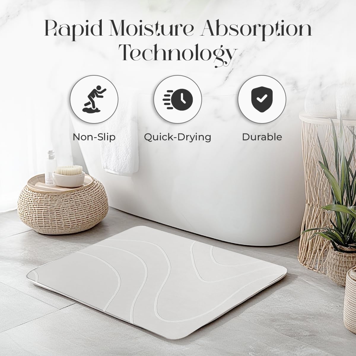 Wavy Flow Stone Bath Mat for Bathroom 24" x 15" – Fast Drying Diatomaceous Earth, Non-Slip Shower Stone Bath Mat, Easy to Clean, Large Natural Bathroom Stone Mat for Kitchen, & Floors