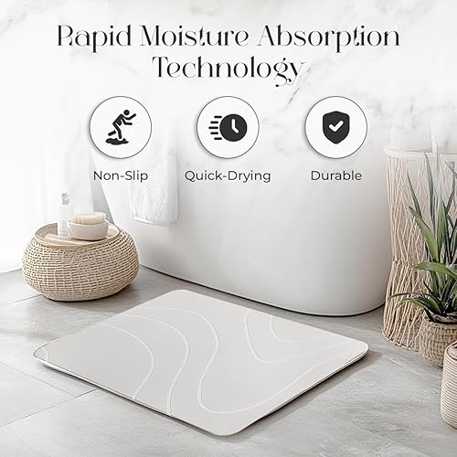 Miniatura 4 de Alfombra de baño de piedra de flujo ondulado para baño, 24 x 15 pulgadas, tierra de diatomeas de secado rápido, tapete de baño de piedra de ducha