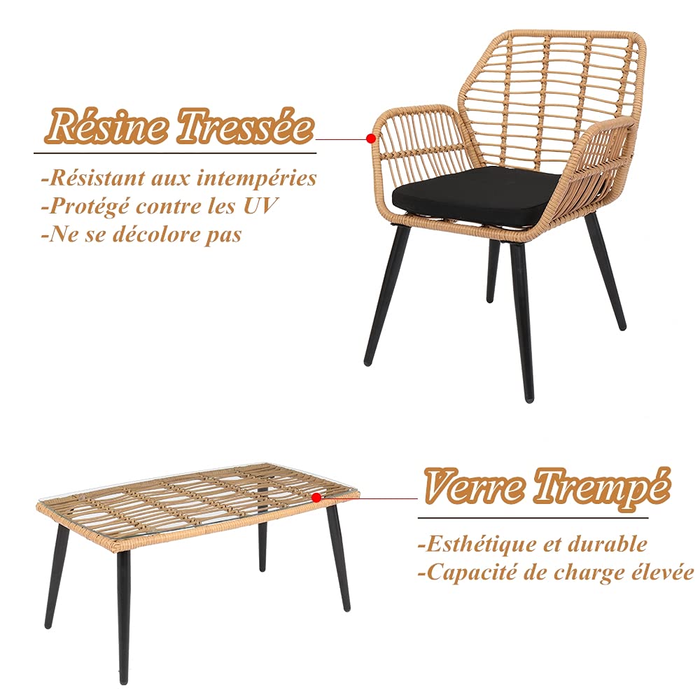 Ensemble de mobilier de jardin - Salon de jardin en résine tressée - Design rétro - Chaises et table - Marron