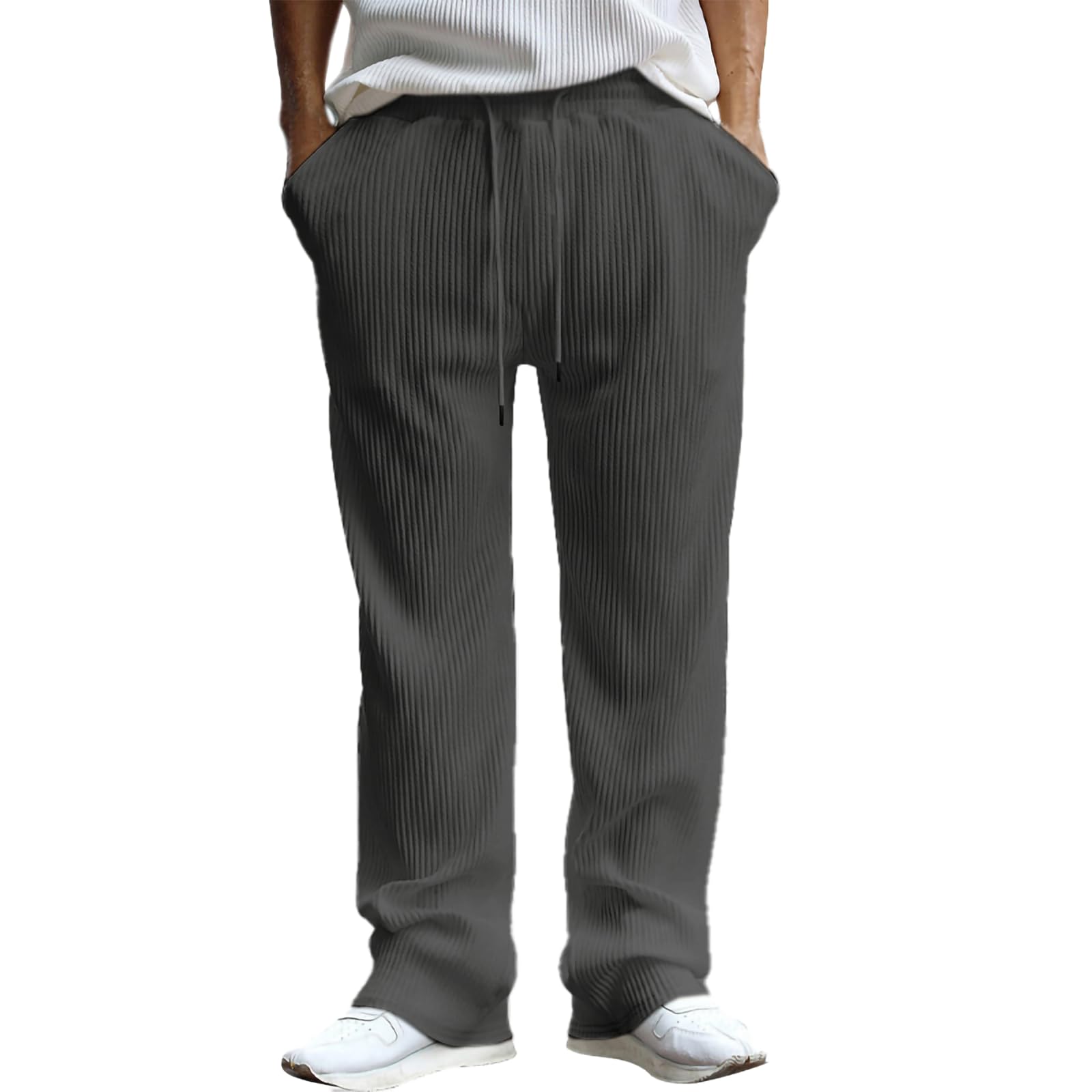 Corduroy Pants for Men Straight Leg Solid Color Lounge Trousers Drawstring Waisted Fall Sweatpant with Pockets
