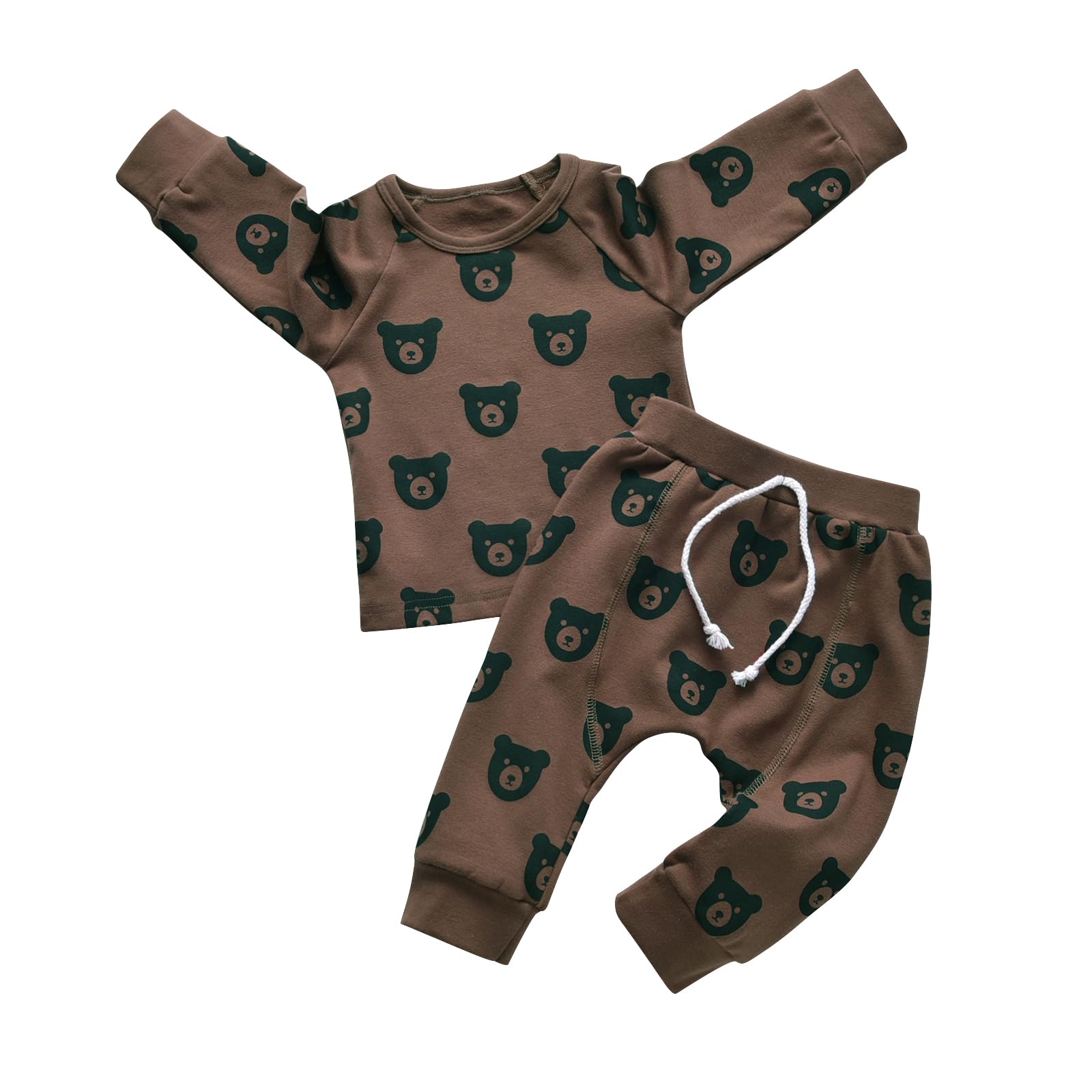 Toddler Baby Boy Clothes Infant Long Sleeve Bear Print Tops + Pants Sweatsuit Outfits (3-6 Months) Brown