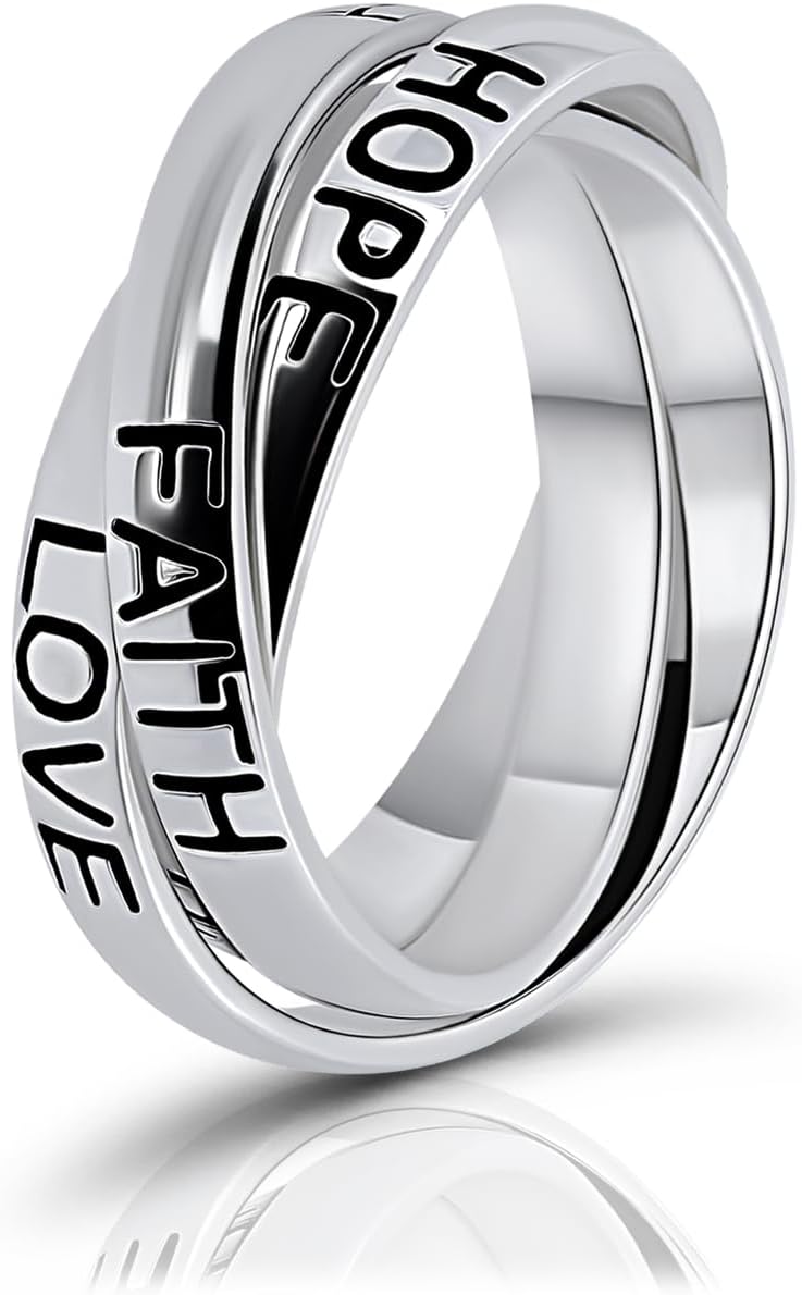 Hoops & Loops 925 Sterling Silver HOPE FAITH LOVE Triple Interlocking Spinner Ring - Intertwined Trio Trinity Rolling Ring for Women & Men, Silver, 14k Gold, Rose Gold Plated