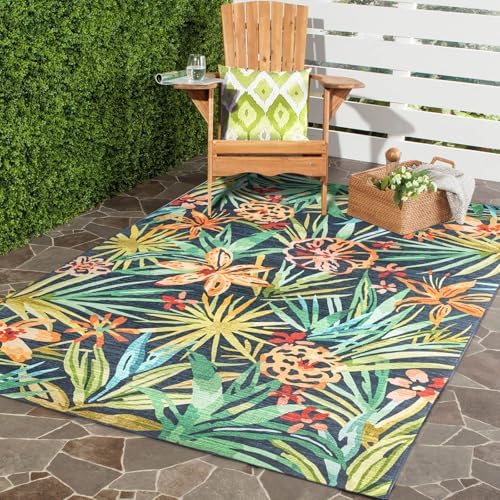 Jardin Indoor/Outdoor Rug, 3'6''×5'6'' Non-Slip Palm Leaf Outdoor Patio Rug, Easy Care Tropical Floral Outdoor Area Rug,Non-Shedding Camping Rug for Porch,Backyard,Balcony,RV,Black Blue/Navy
