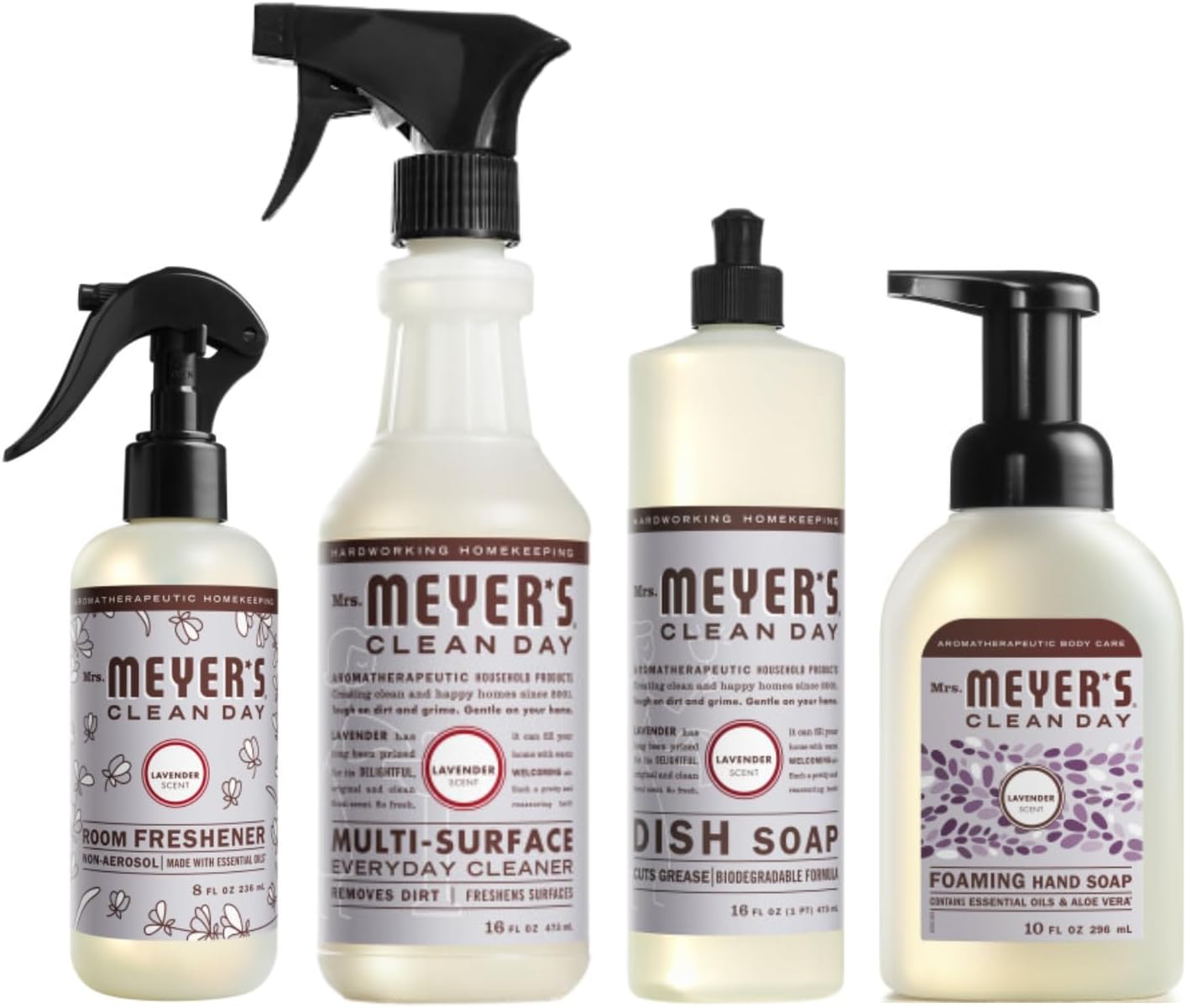 Mrs. MEYER'S CLEAN DAY Kitchen Set, Room Freshener, Multi-Surface Cleaner, Dish Soap and Foaming Hand Soap, 4 CT (Lavender)