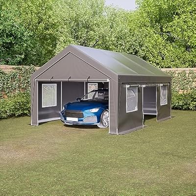 DetalleGo Carport, 13x20 ft Heavy Duty Carport Canopy with Removable Sidewalls and Doors, Portable Garage with Roll-up Ventilated Windows Storage Shelter for Car, Truck, SUV, Boat