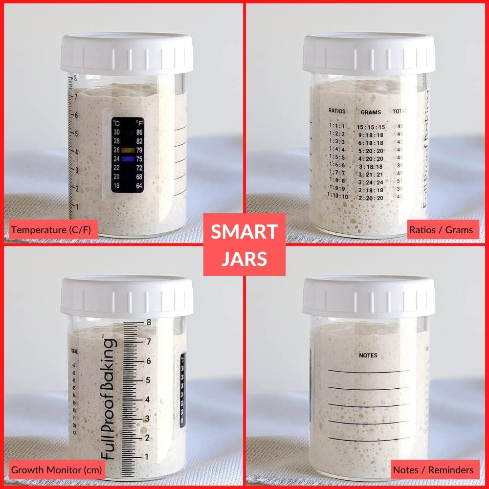Full Proof Baking Sourdough Starter Kit | 1/2 Hour Guide Video (link) | Two 10oz Glass Smart Jars w/Thermometers, Rulers, Feeding Ratios | Digital Scale | Spatula and Scoop, (Starter Not Included)