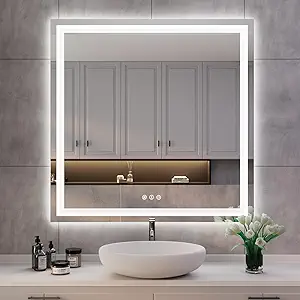 ISKM LED Mirror for Bathroom Lighted Vanity Mirror for Wall Front Lights + Backlit LED Bathroom Mirror Anti-Fog Tempered Glass ETL Listed (Front and Backlit, 38''L x 38''W)