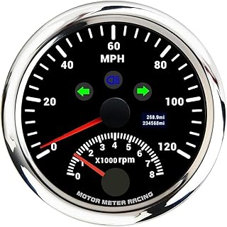 MOTOR METER RACING W PRO 85mm 3-3/8" 2 in 1 GPS Speedometer Tachometer Digital Odometer Mileage & Trip Meter with Turn Signal High Beam 120 MPH Waterproof Black Dial White LED for Car Truck Motor