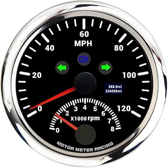 MOTER Meter Racing 3-3/8" 85mm Universal GPS Speedometer with Tachometer 120 MPH 8000 RPM Black Dial for Car Motorcycle ATV UTV High Beam Turn Signal Mileage 9-32V LED Backlit GPS Sensor Included | Digital Odometer Mileage, Trip Meter, Turn Signal, High Beam, 120 MPH, Black Dial, White LED, Waterproof, Car, Truck, Motor