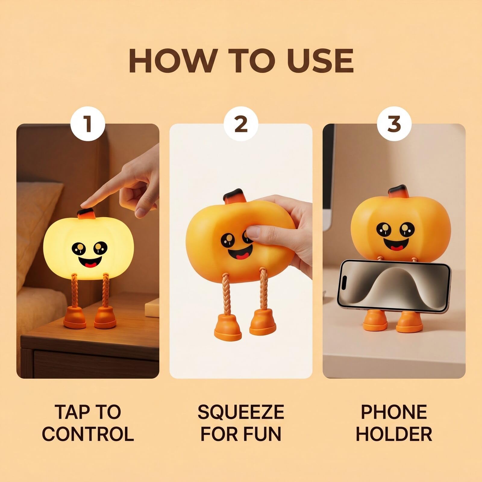 Lámpara de noche de calabaza de Halloween con ojos de estrella, decoración linda y divertida, luz cálida para compañero nocturno, control táctil, silicona, juego de presión, soporte para teléfono