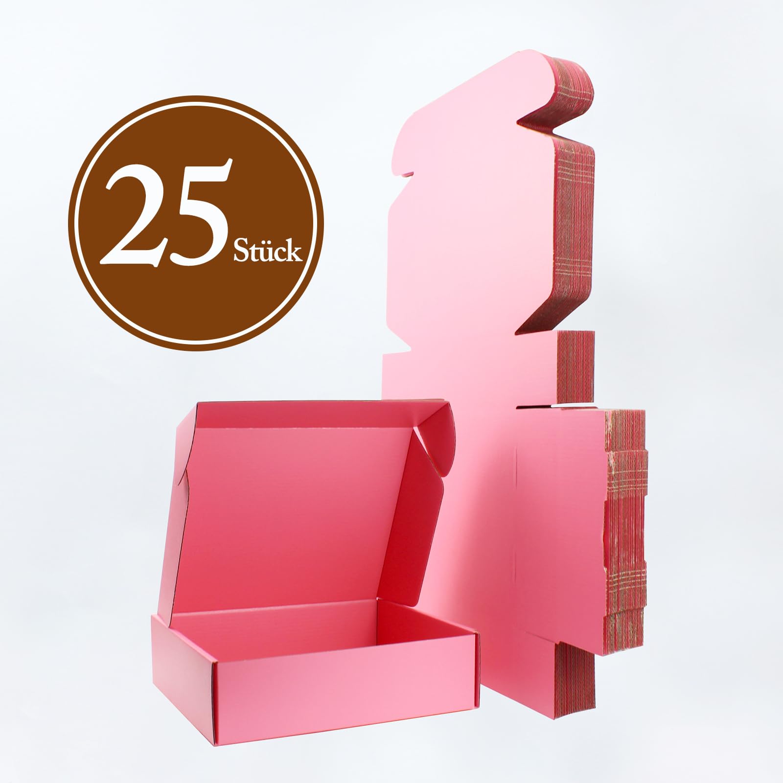25 x 20 x 7 cm Rosa Klappdeckel-Versandbox – Recyclingkarton – innen & außen rosa – für Geschenke, Sets & Basteln – 25er-Pack