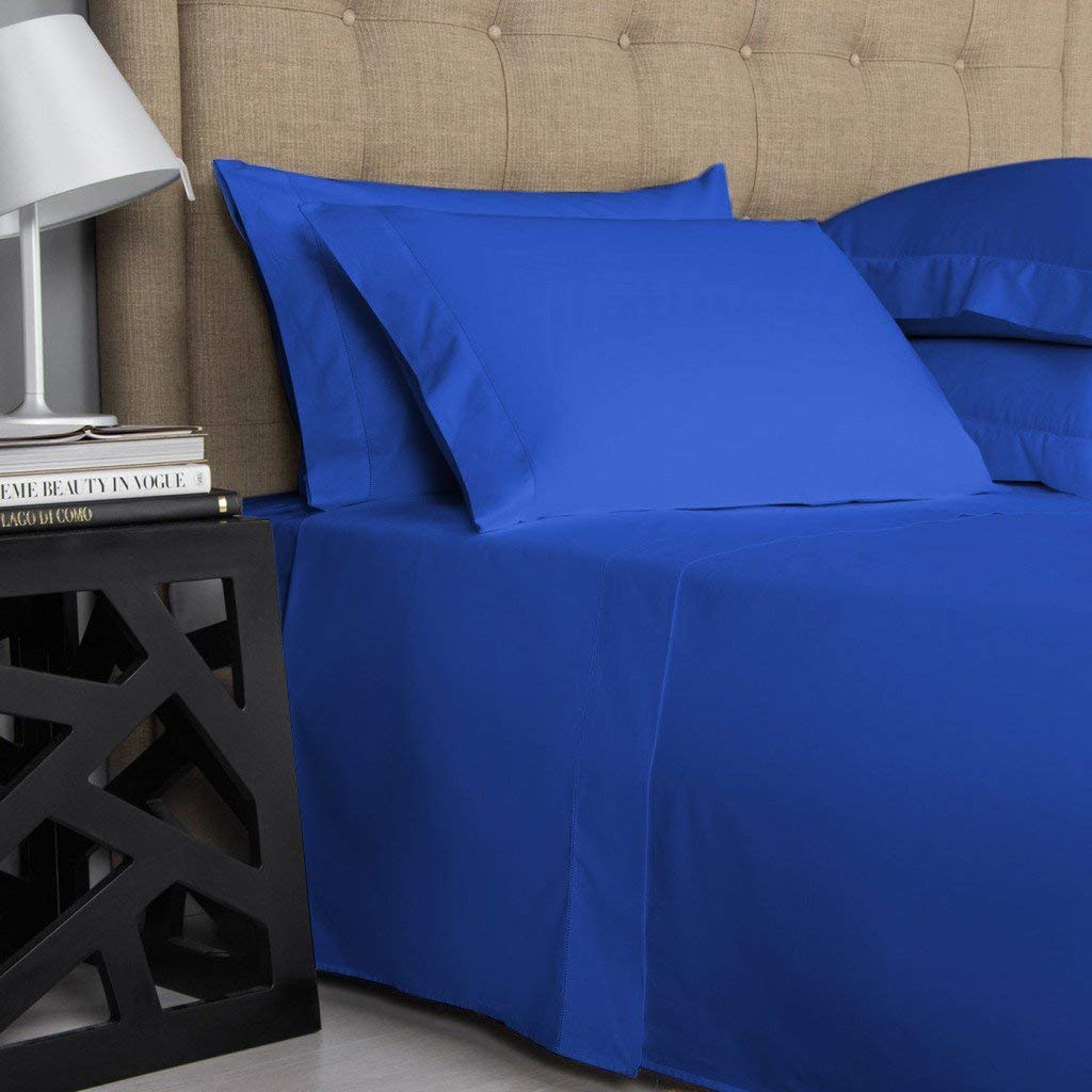 LUXURIOUS BEDDING 1000-Thread-Count 100% Egyptian Cotton Bed Sheets, 4-PC Upto 23'' Inch Deep Pocket (1 Fitted + 1 Flat + 2 pillowcase) Flat Sheet UK Double Size(87 x102in.) Royal Blue Solid