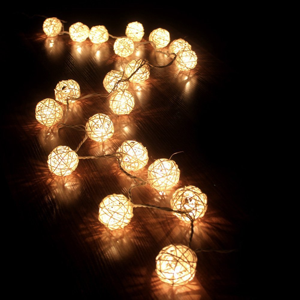 Guirlande Lumineuse 20 Boules Rotin 3m - Décoration Intérieur/Extérieur Noël & Mariage
