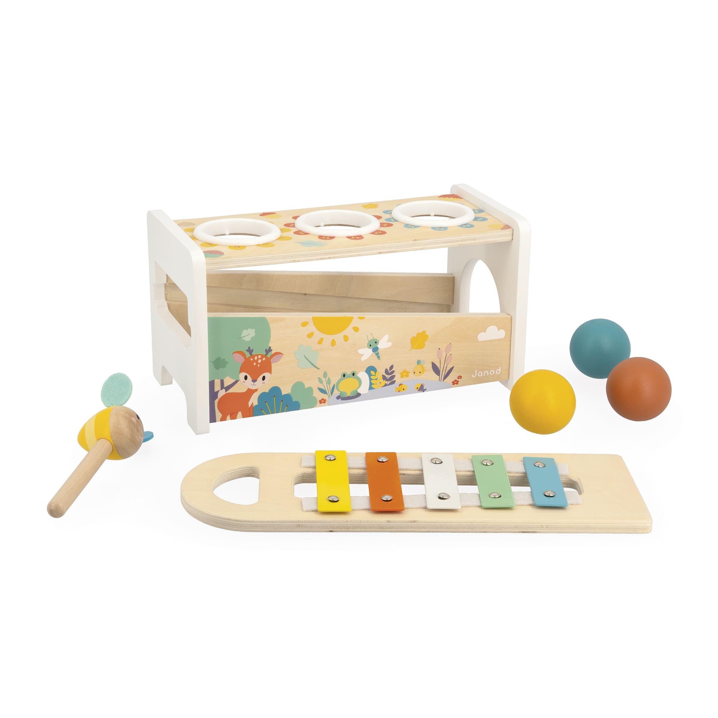 Janod - Tap Tap Xylo Pure - Jouet en Bois 2 en 1 - Jeu d'Éveil Musical et d'Adresse - avec 3 Balles + Marteau + Xylophone - Dès 1 an, J05155