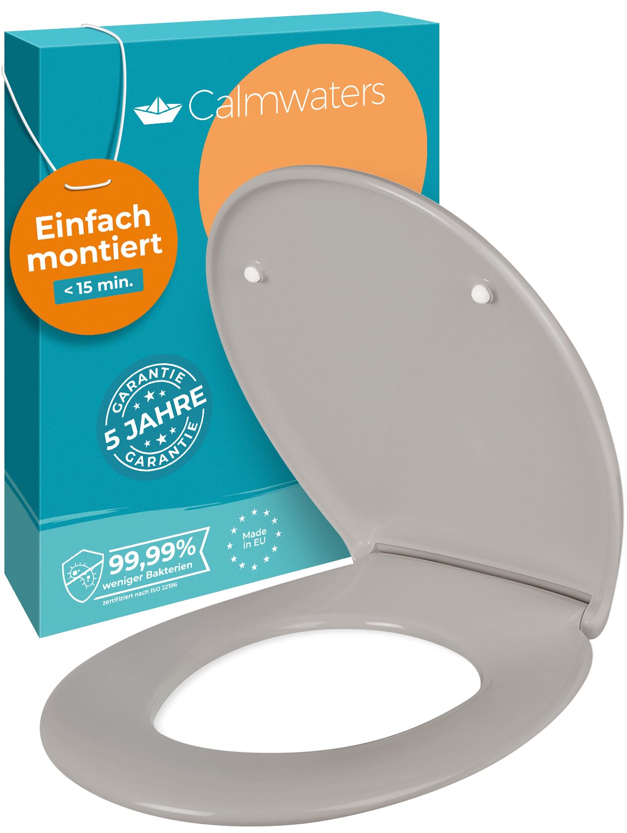 Calmwaters® Premium WC Sitz einfache Montage, Toilettendeckel bis 250 kg, Made in EU, aus antibakteriellem Duroplast, Absenkautomatik, 2 Montage Optionen, abnehmbar, Klobrille, oval, Manhattan-Grau
