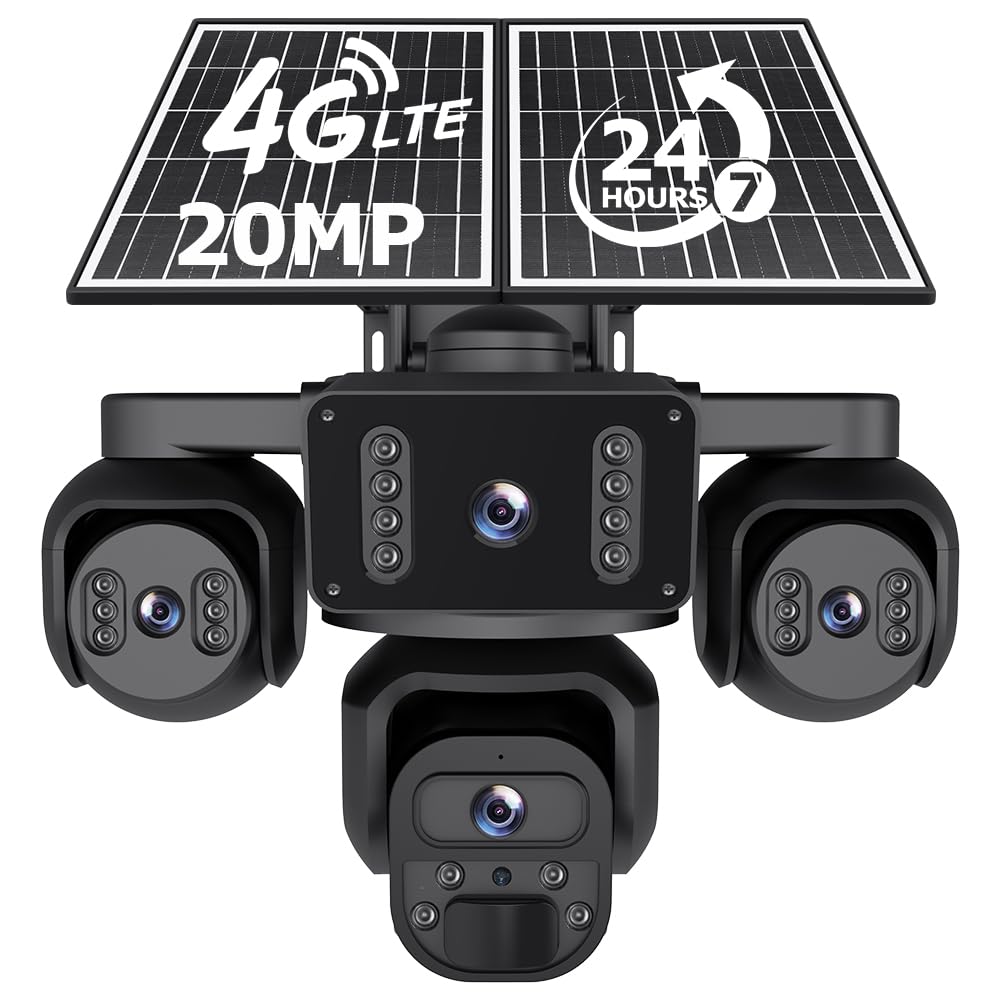 Shiwojia Dark/Light 4G Aov Solar Camera 【Four Lens】, 20100 Mah Outdoor Wireless Camera, 20Mp Hd Person Detection, 24/7 Continuous Recording, Ip66 Color Night Vision, 14W Solar Panel