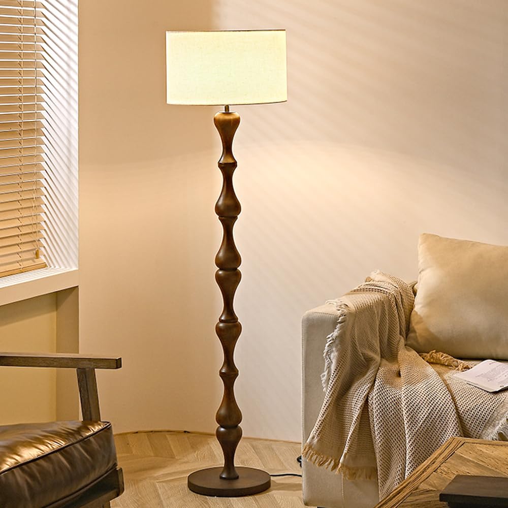 HGJHJJHK Mid Century 60.2" Wooden Floor Lamp Beige Linen Floor Light Round Fabric Tall Lamp with E26 Dimmable Wood Standing Light for Living Room Sofa Area Bedroom Study Meeting Room