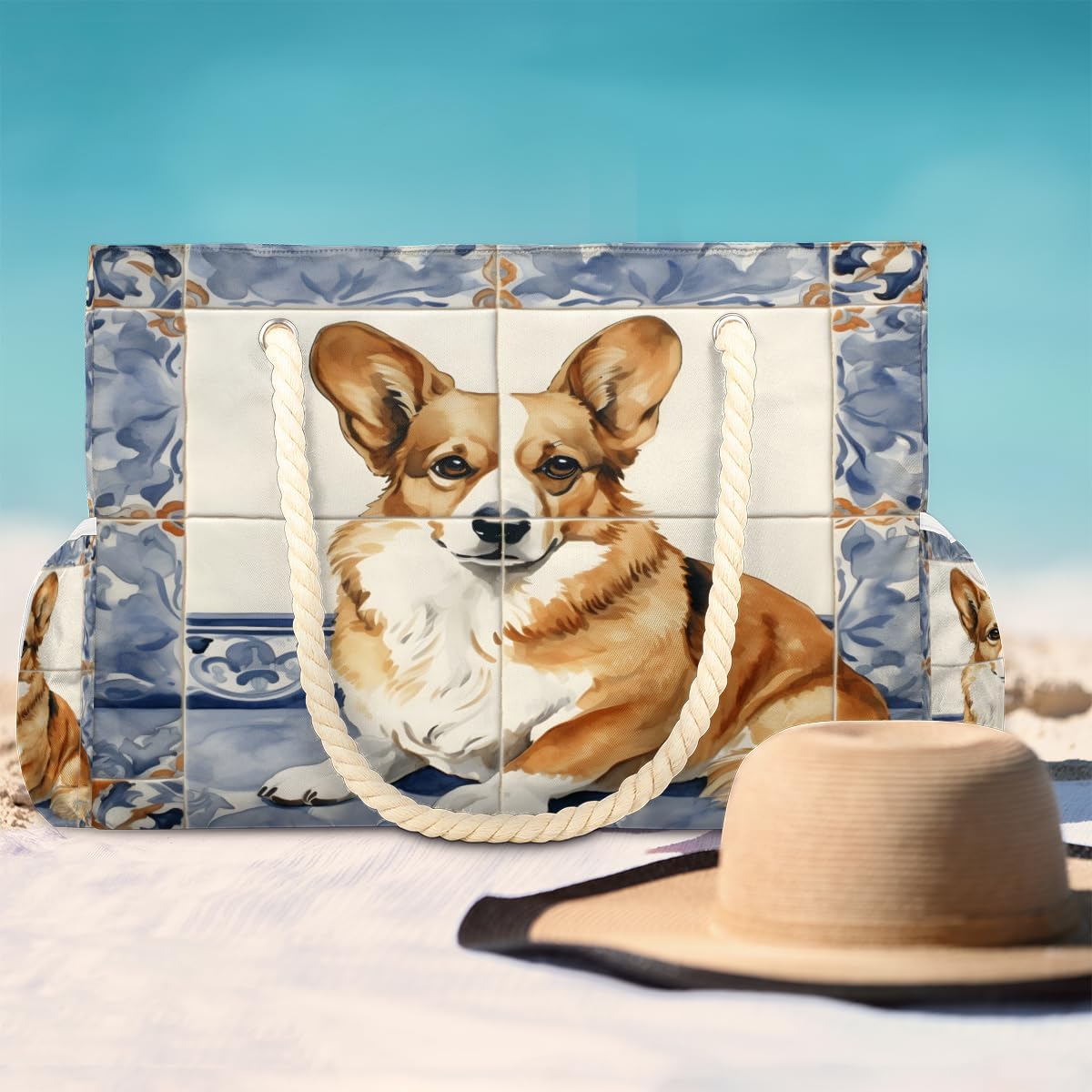 Florist Dog Beach Bag for Women Waterproof Sandproof Tote with Zipper Cotton Rope Handles for Travel Pool Gym Shopping