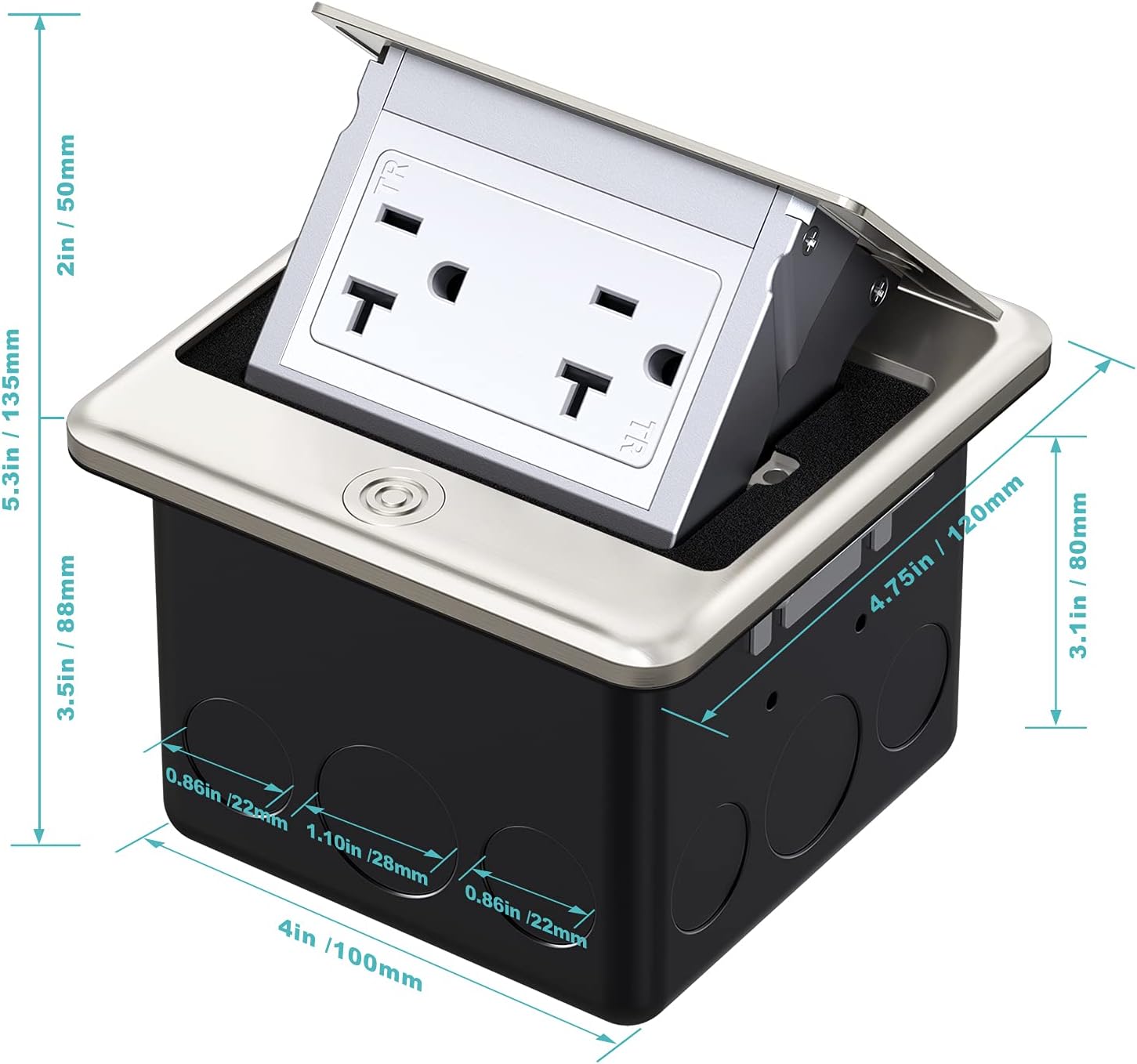 WEBANG Pop Up Floor Outlet Box with 20 Amp Tamper-Resistant Receptacle Outlet, Corrosive Resistant Hardware, ETL Listed, Brushed Nickel