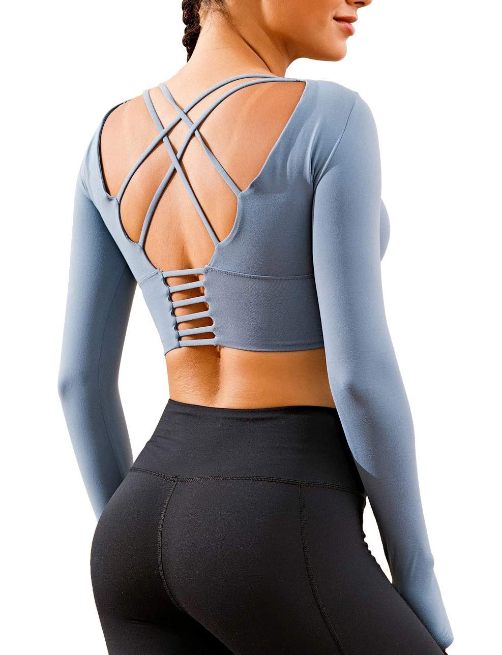 ECUPPER Women Long Sleeve Workout Tops Backless Yoga Gym Shirts Athletic Crop Top with Built in Bra for Fitness Sports