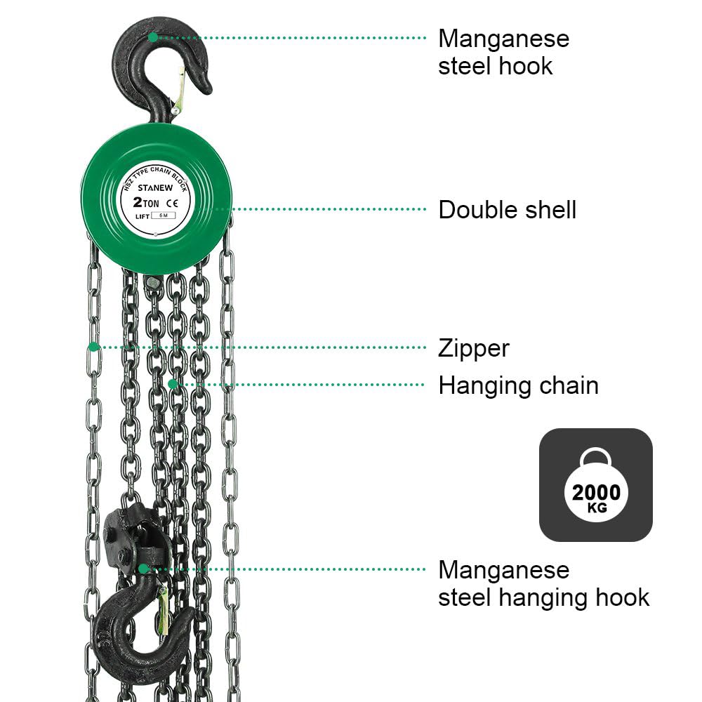 STANEW Manueller Kettenzug mit robustem Haken, Hubhöhe 6,0 m, Grün, Doppel-Ladungskette, G80, Hebehaken mit Sicherheit (2 Tonne 6,0 m)
