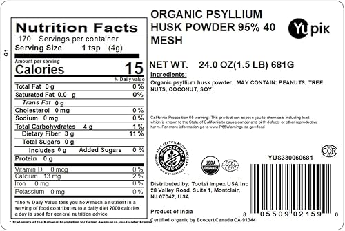 Miniatura 5 de Yupik Polvo orgánico de cáscara de psyllium de 8.8 onzas, 95% de pureza, certificado USDA, sin OMG, vegano, sin gluten, sin sabor, a base de