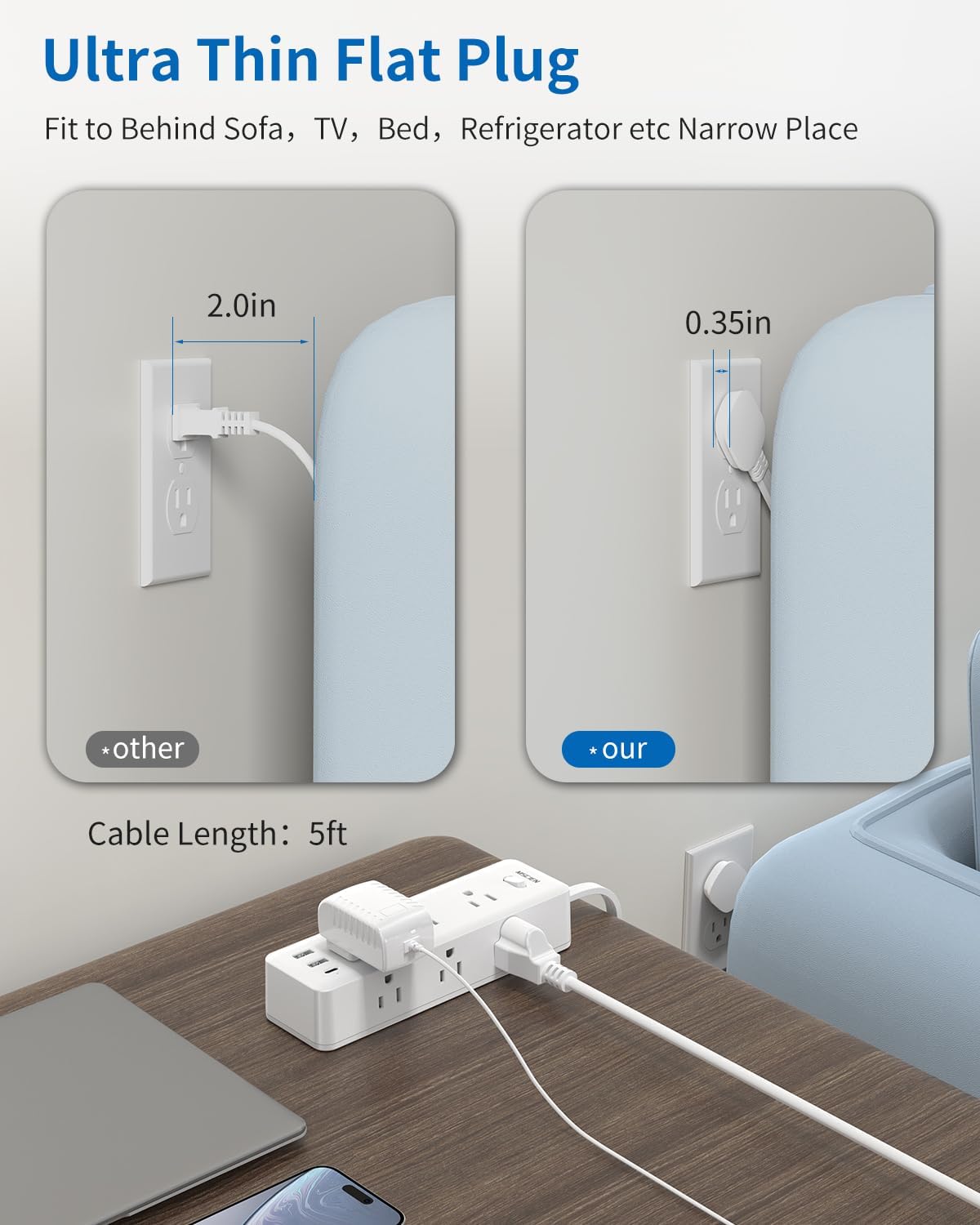 5 FT Extension Cord with Multiple Outlets, MSCIEN Flat Plug Power Strip, 6 Outlet Extender with 3 USB Ports, Power Strip with Surge Protector, Wall Mounted for Home, Office, Dorm, Kitchen, White